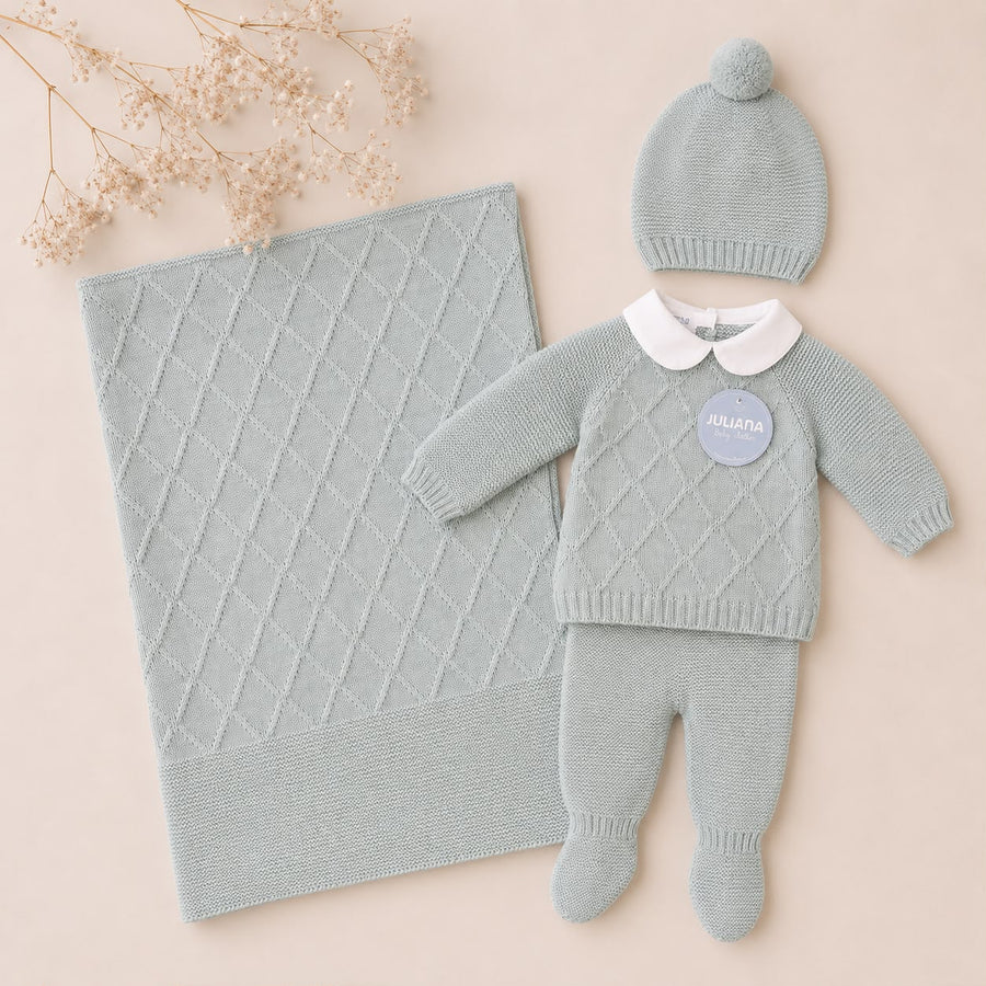 Set nascita neonato verde menta con copertina e completo in maglia