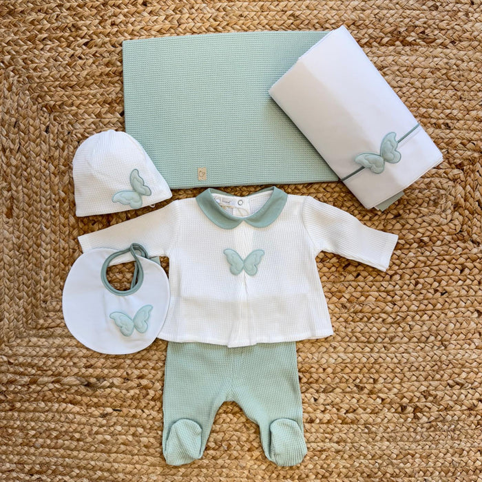 set nascita neonato 100% cotone bianco e verde salvia con coperta 65x85