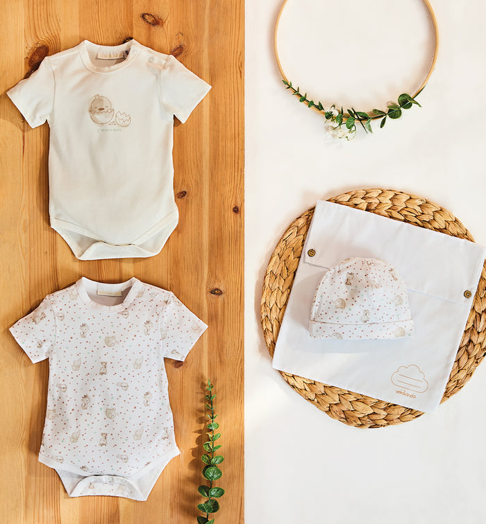 Set neonato 2 body e cappellino in cotone bio, idea regalo baby shower