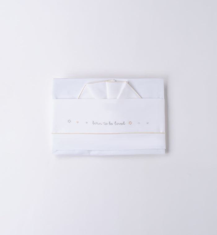 set lenzuola neonato caldo cotone bianco con ricamo “born to be loved”