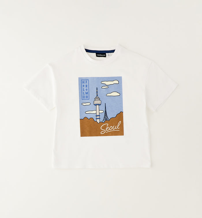 T-shirt bimbo bianca in 100% cotone con stampa frontale Seoul