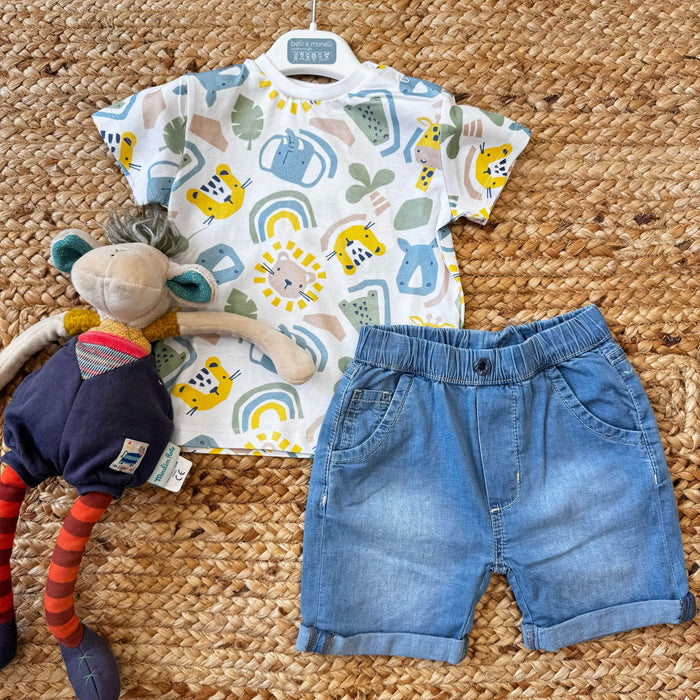 T-shirt con stampa animali e pantaloncini jeans per bambino, abbigliamento estivo casual.
