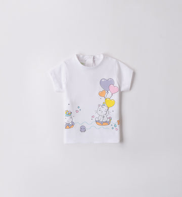 T-shirt bianca per neonata con stampa unicorno e palloncini, vista frontale