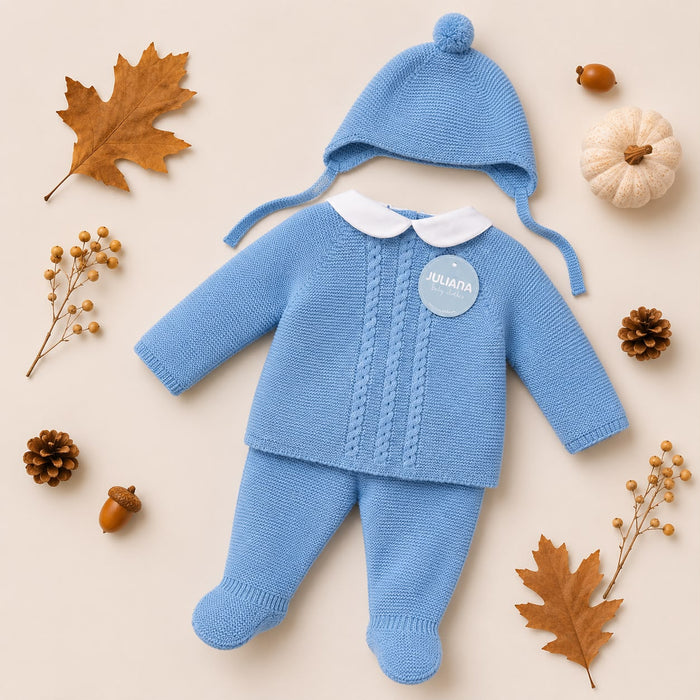 Tutina bimbo azzurra in maglia con cappellino coordinato e piedini per corredino nascita