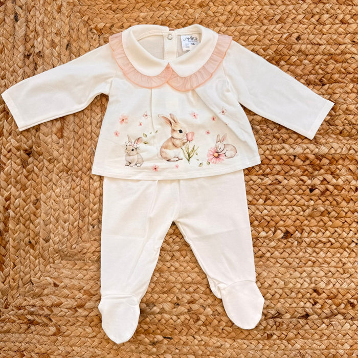 Tutina bimba in 100% cotone panna con colletto e stampa coniglietti e fiorellini