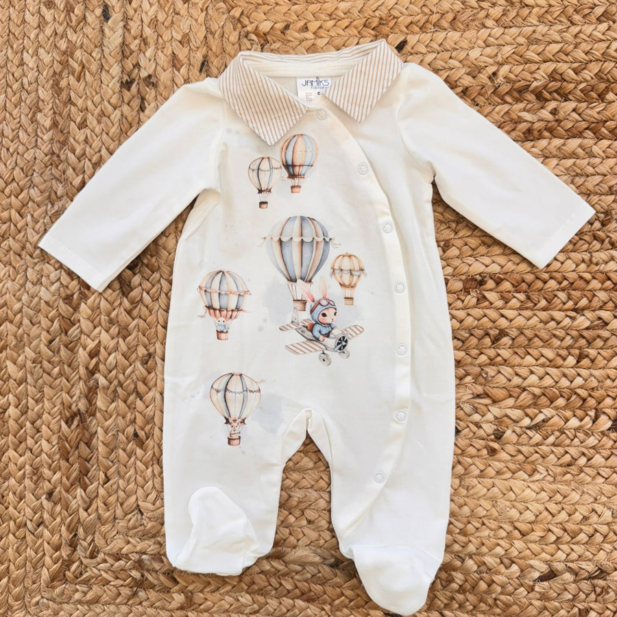 Tutina in cotone con colletto rigato e stampa mongolfiere