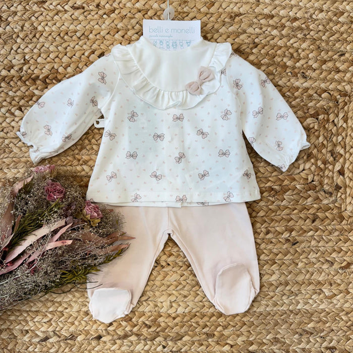 Tutina neonata 100% cotone con colletto arricciato e fiocco rosa cipria