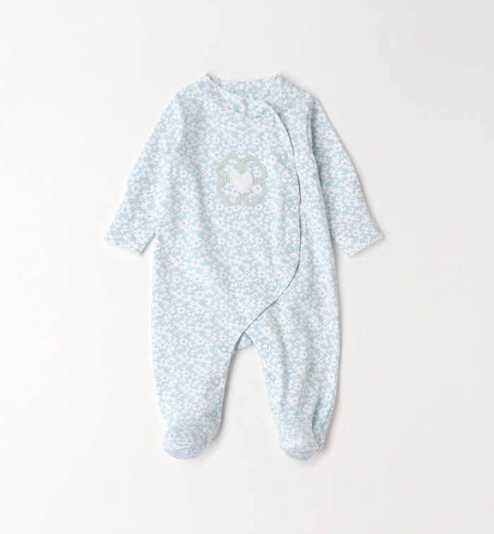 Tutina neonata 100% cotone fantasia floreale celeste con ricamo cuore frontale