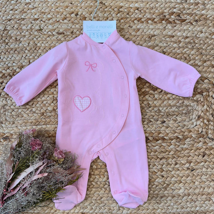 Tutina neonata 100% cotone rosa con orsetto ricamato e cuore