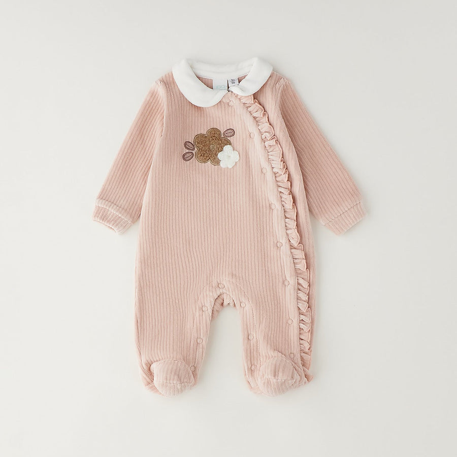 Tutina neonata in ciniglia rosa con fiori e volant