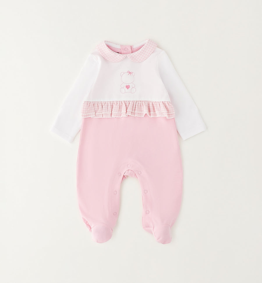 Tutina estiva neonata in cotone con ricamo orsetto e colletto vichy