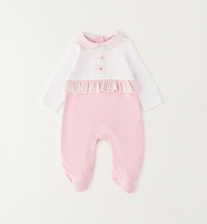 tutina neonata cotone rosa con ricamo orsetto e colletto vichy
