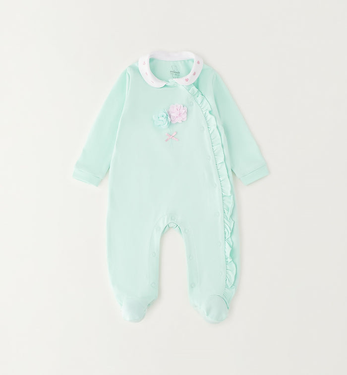 tutina neonata cotone verde acqua con colletto ricamato e fiori applicati