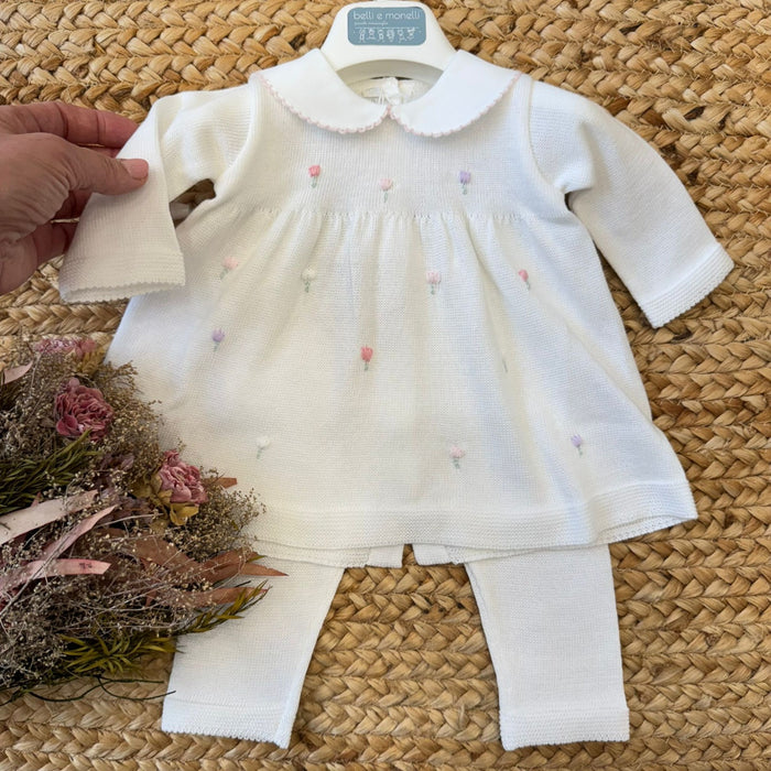 Tutina neonata in filo di cotone con tulipani ricamati