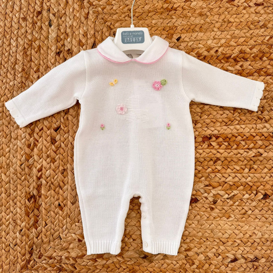 Tutina neonata in filo di scozia con ricami floreali