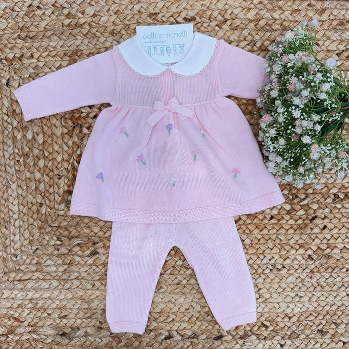 Tutina neonata rosa in pura lana con tunica e pantalone