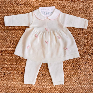 Tutina due pezzi neonata in lana panna con ricami roselline