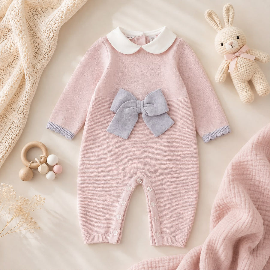 Tutina neonata rosa e grigio con fiocco