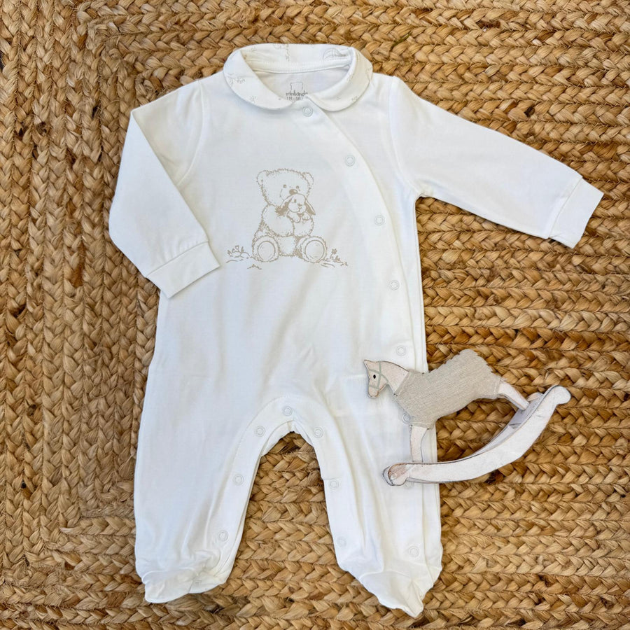 Tutina unisex in 100% cotone panna con colletto e stampa orsetto