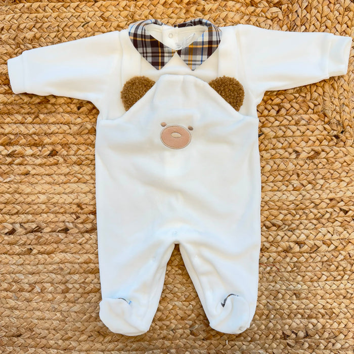 Tutina neonato in ciniglia panna con orsetto tridimensionale e colletto tartan