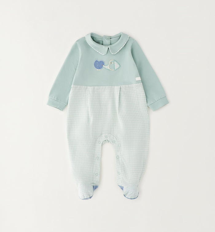 tutina neonato cotone verde acqua con ricamo uccellini e colletto elegante