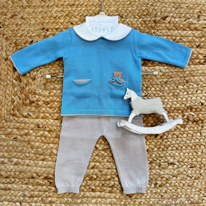 Tutina neonato in filo di cotone verde con colletto bianco e pantalone coordinato