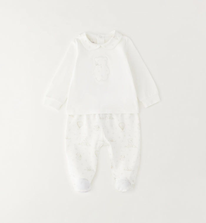 Tutina neonato bianca con orsetto e colletto