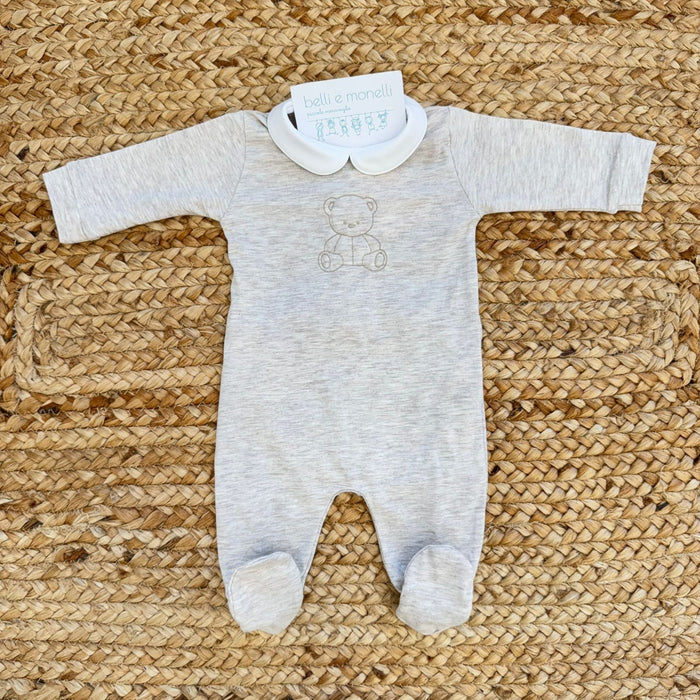 tutina neonato unisex in cotone beige con colletto bianco e ricamo orsetto