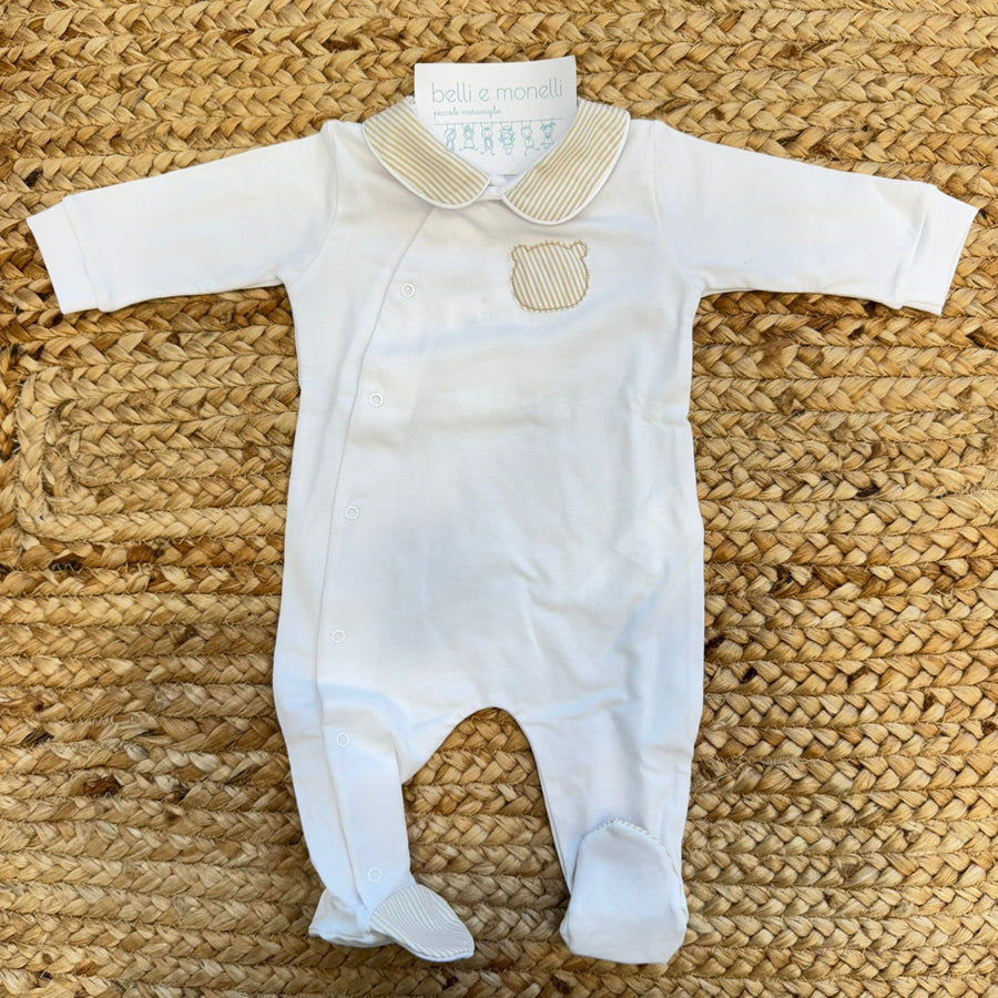 Tutina neonato unisex in cotone con colletto rigato e dettaglio orsetto
