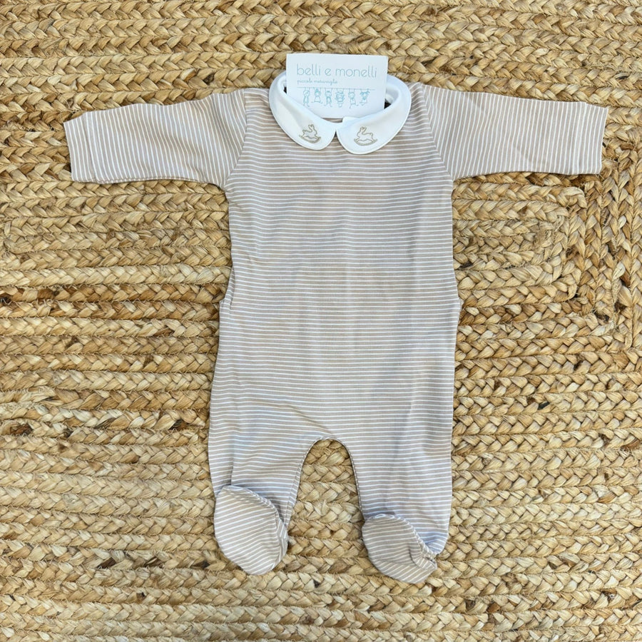 Tutina neonato unisex rigata beige in cotone con colletto ricamato coniglietti