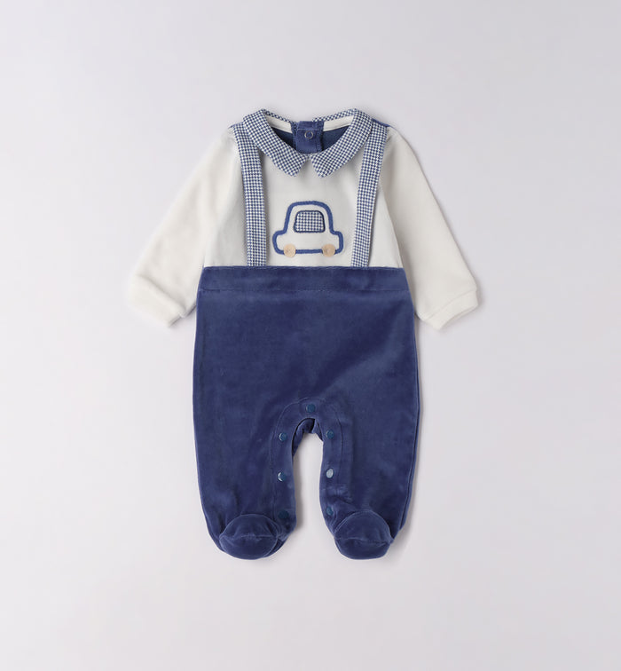 tutina ciniglia blu neonato con ricamo macchinina