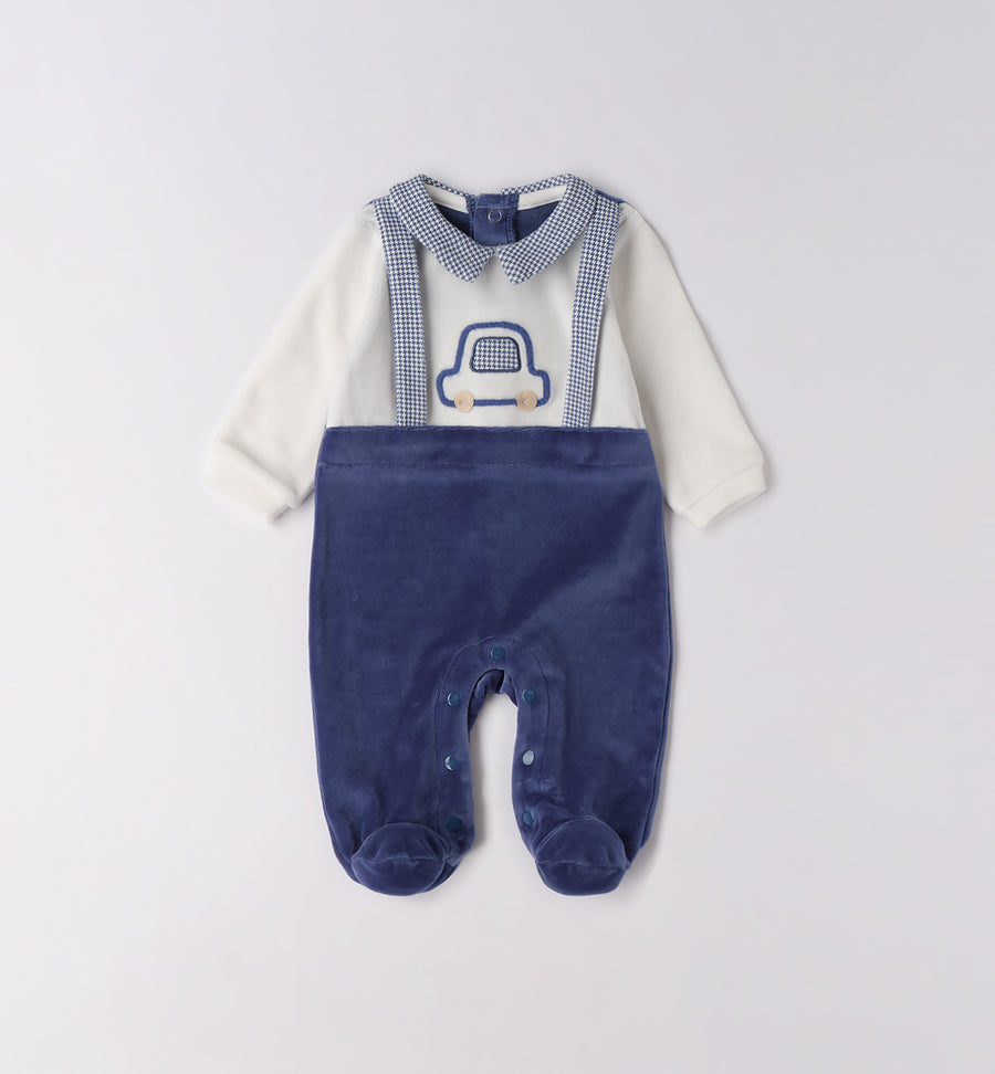 Tutina ciniglia neonato blu con bretelle e ricamo macchinina