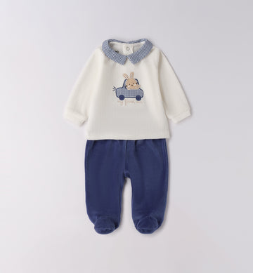 tutina ciniglia neonato con ricamo coniglio e macchinina blu