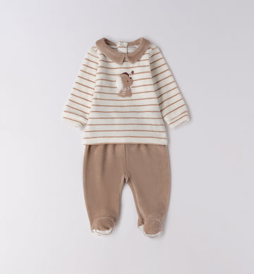 tutina ciniglia neonato panna e cammello con orsetto fronte