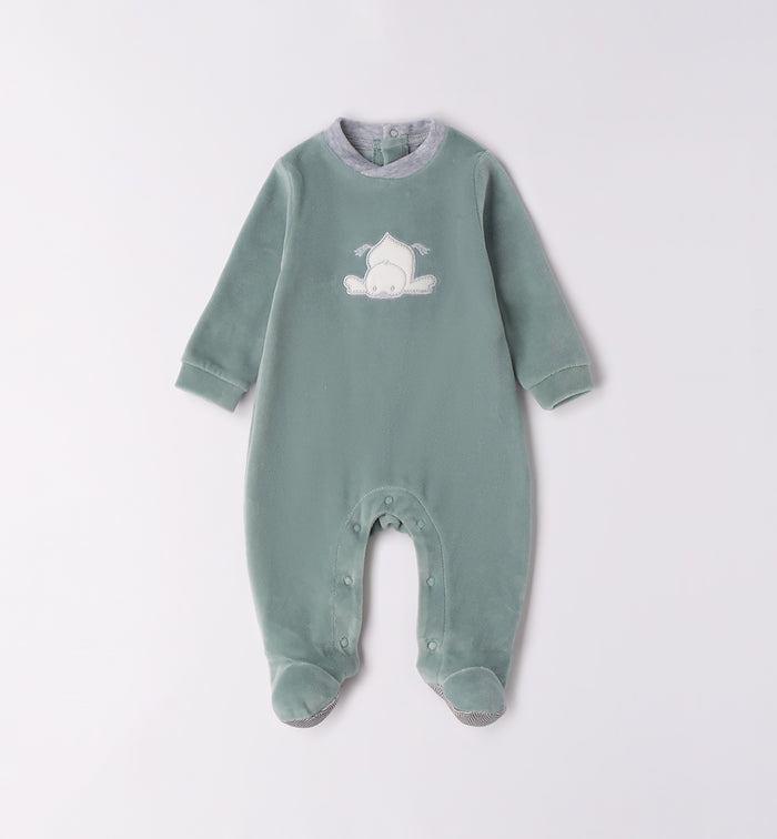 tutina ciniglia neonato verde salvia ricamo orsetto fronte