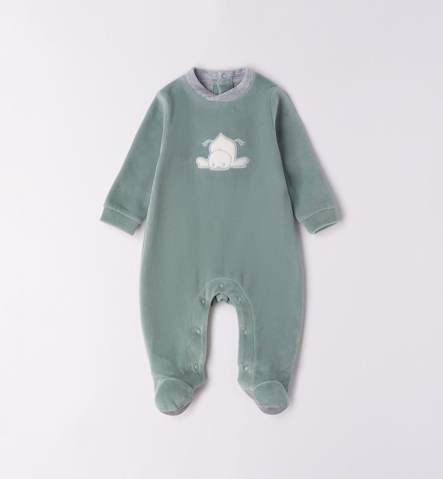 Tutina ciniglia neonato verde salvia con ricamo orsetto