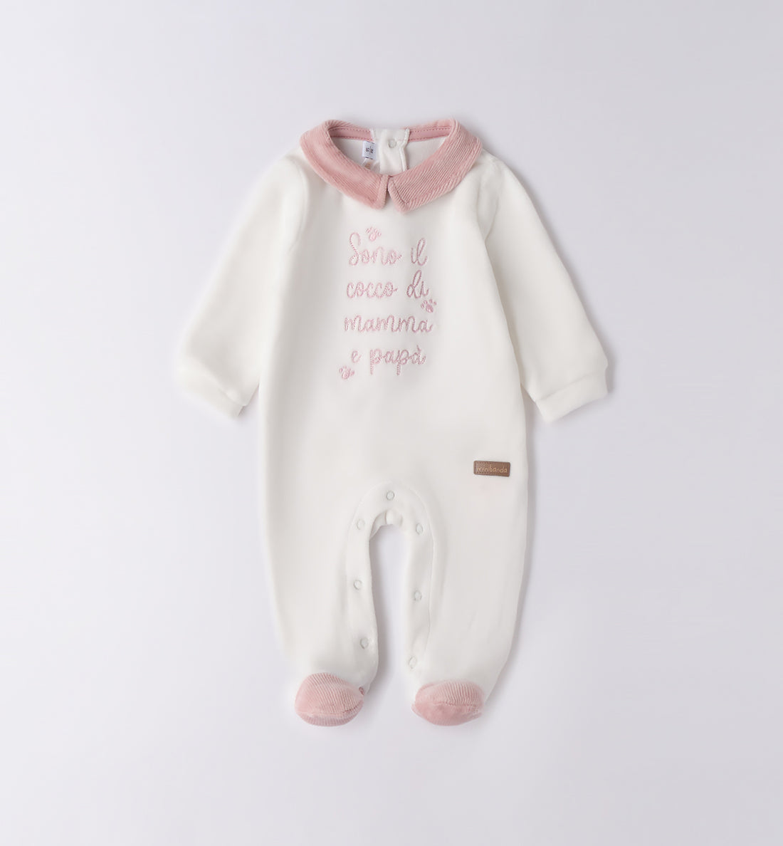 tutina neonata caldo cotone panna e rosa con scritta ricamata