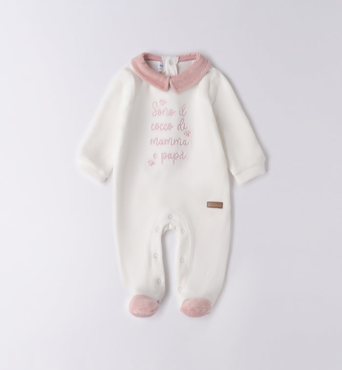 tutina neonata caldo cotone panna e rosa con scritta ricamata
