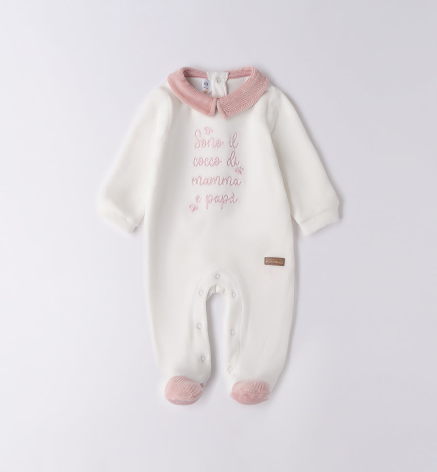 Tutina neonata caldo cotone con colletto rosa e scritta ricamata