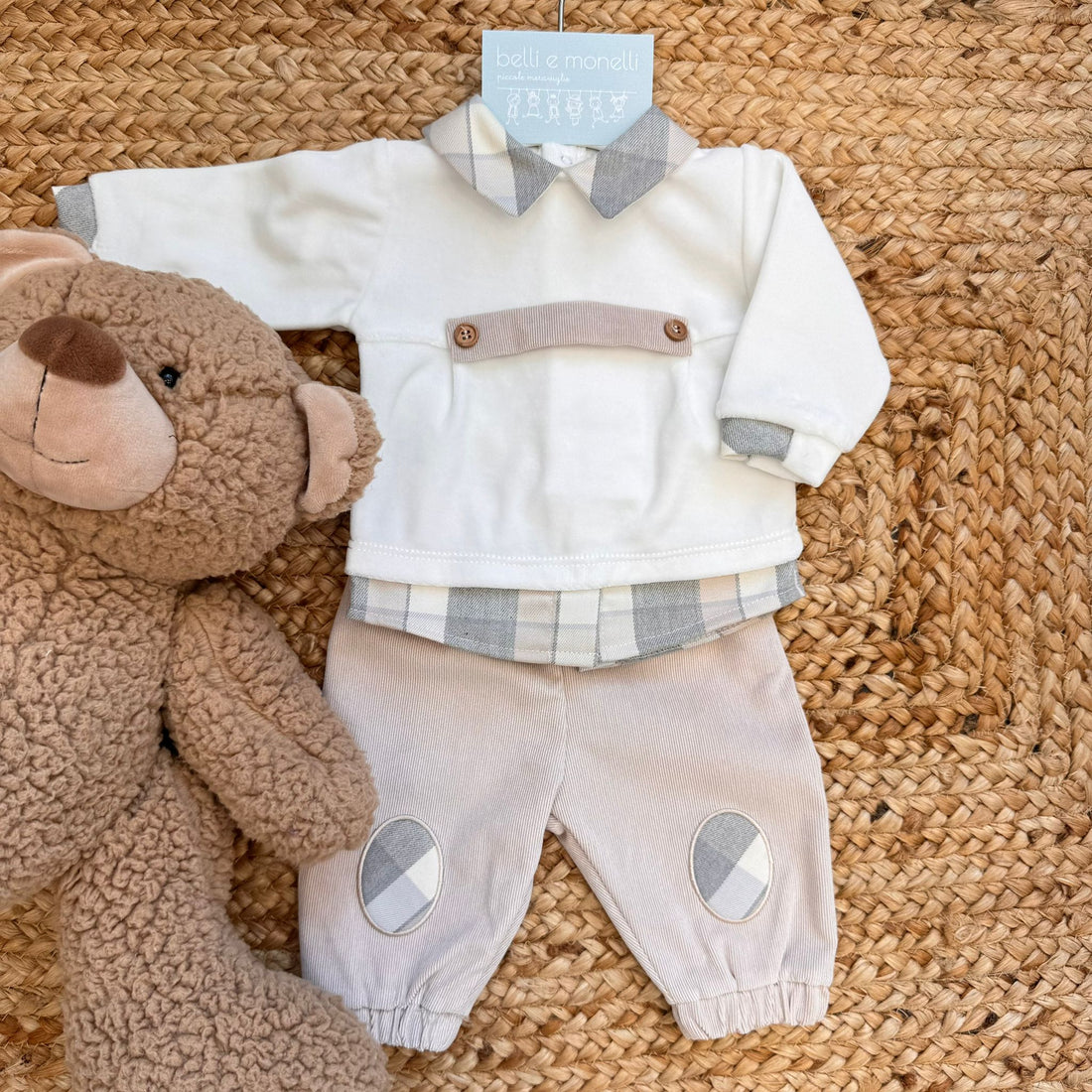 tutina neonato ciniglia panna e beige con colletto scozzese