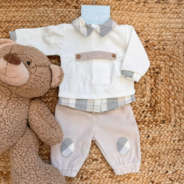 tutina neonato ciniglia panna e beige con colletto scozzese