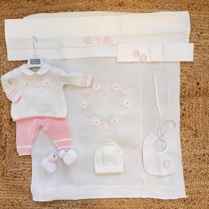 Uscita clinica bimba in 100% cotone panna e rosa con copertina e accessori coordinati