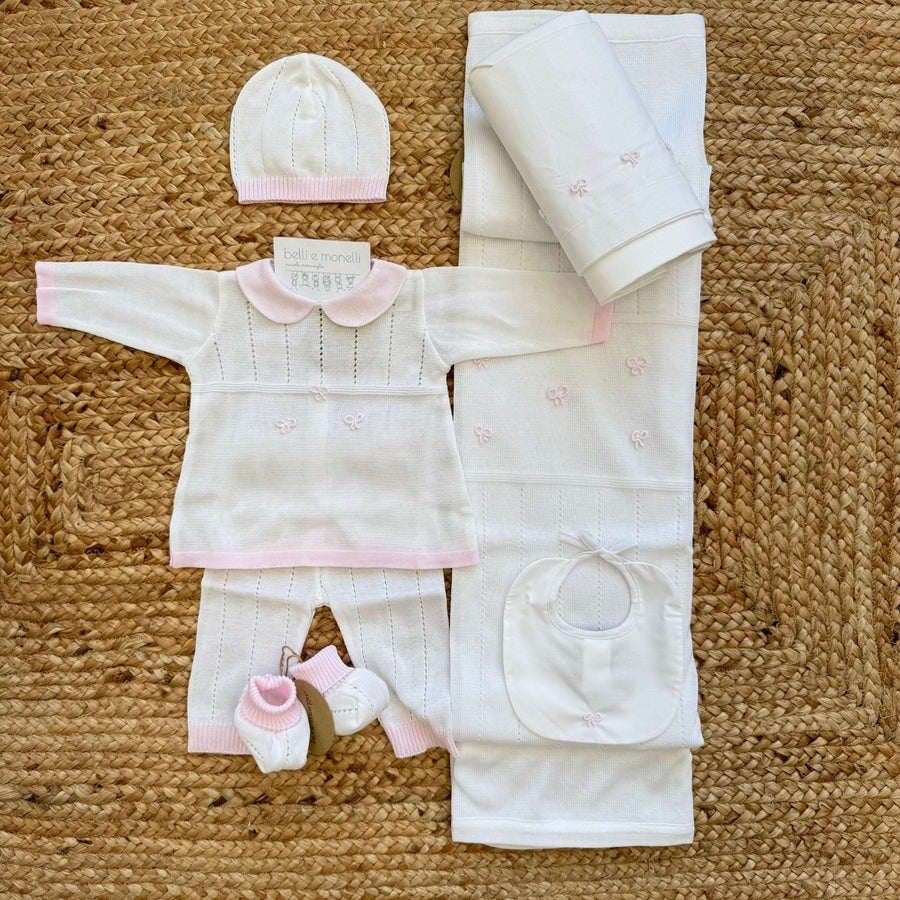 Uscita clinica neonata in cotone panna e rosa con fiocchetti