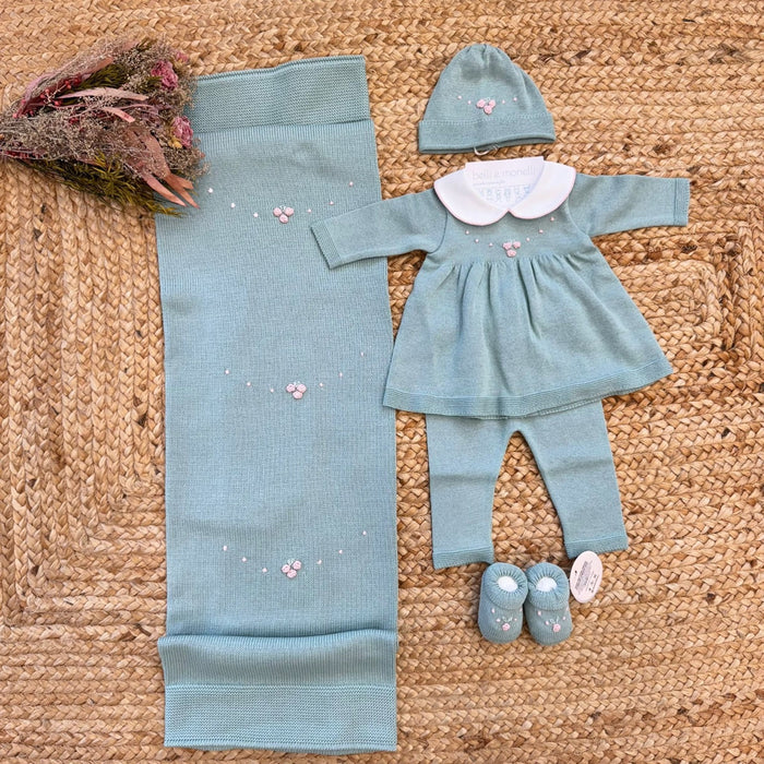 uscita clinica neonata in cotone verde salvia con copertina e coordinato