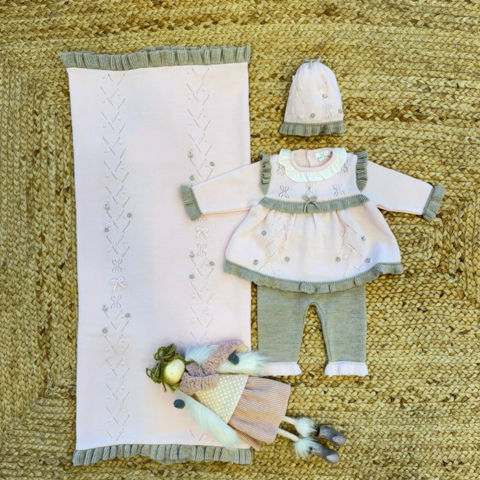 uscita clinica neonata 100% lana rosa e grigio con copertina, abito, pantalone e cappellino