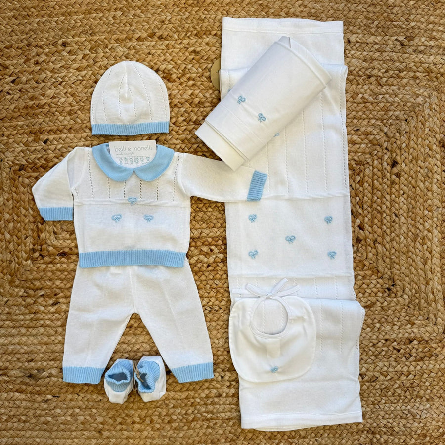 Uscita clinica neonato 100% cotone azzurro con fiocchetti