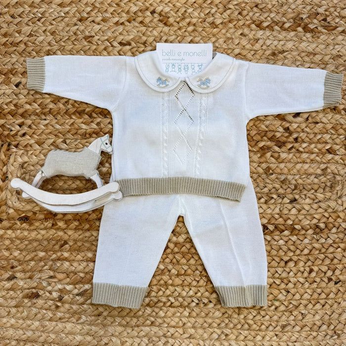 uscita clinica neonato 100% cotone panna e tortora con tutina due pezzi