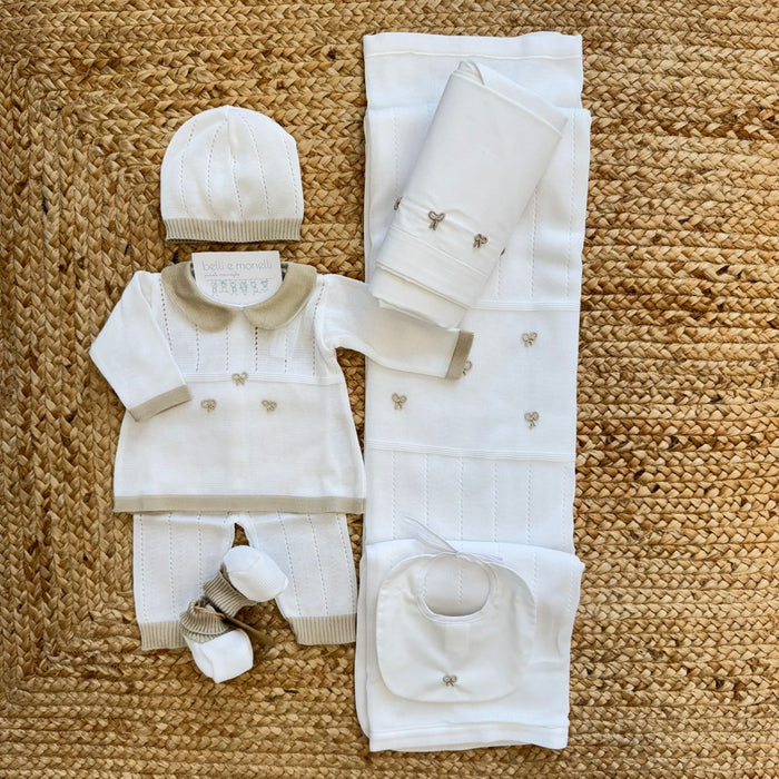 Uscita clinica unisex 100% cotone panna e beige con tutina due pezzi e copertina