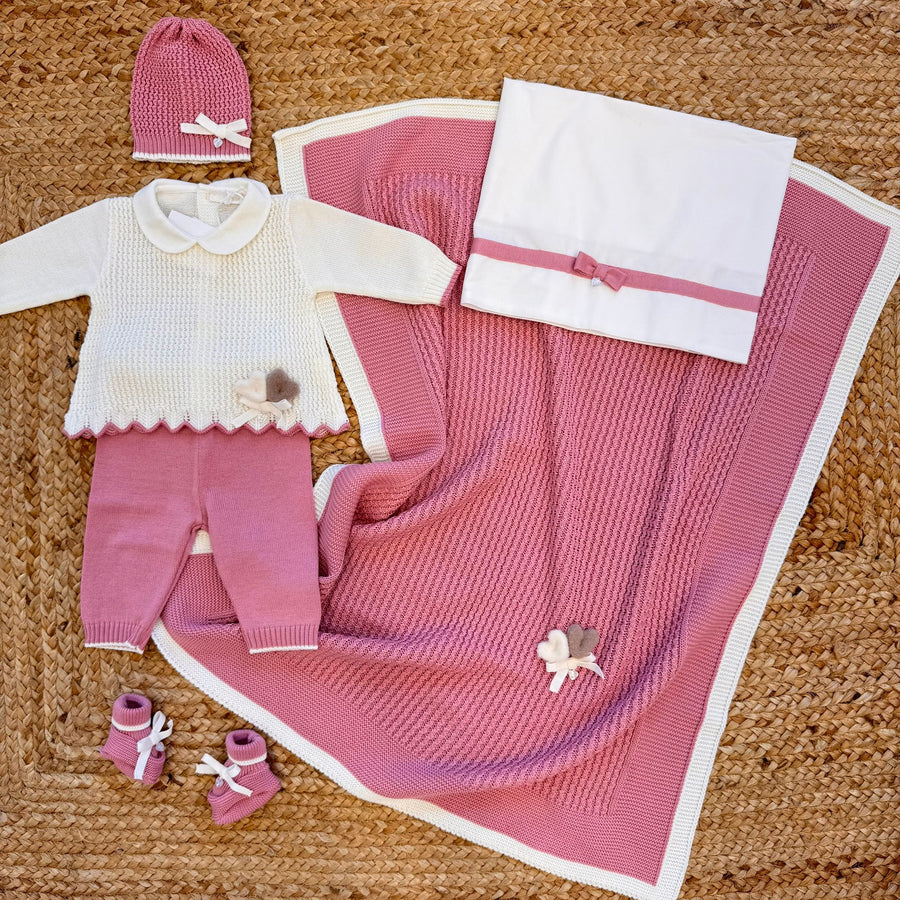 Uscita clinica neonata in misto lana rosa antico con cuori