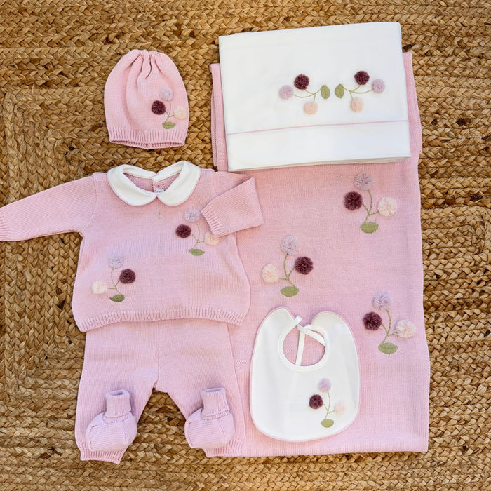 uscita clinica neonata rosa misto lana con ricamo fiori